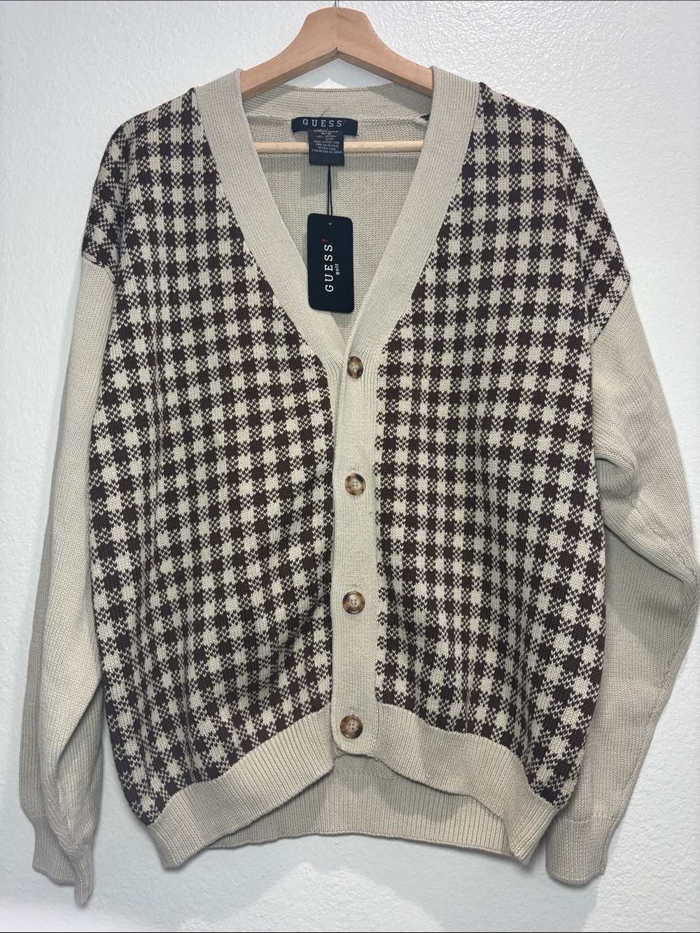 GUESS Golf Cream & Brown Houndstooth Button-Front Women's Cardigan NWT